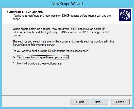 Her blir du spurt om du vil konfigurere DHCP Options for dette scopet nå. Velg ja.