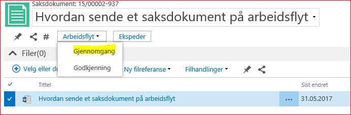 Sende et dokument til gjennomgang: 1. Klikk på knappen «Arbeidsflyt» og velg Gjennomgang: 2. Når dialogboksen «Arbeidsflyt» åpnes, velger du mottakere på gjennomgangen.