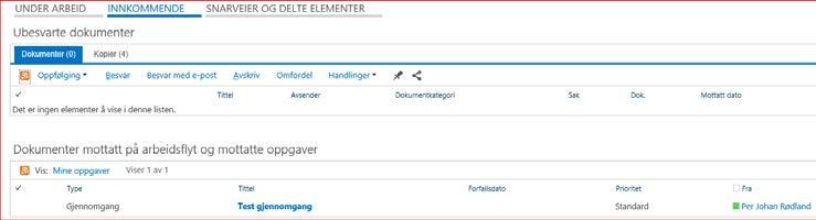 Hvordan behandle en oppgave du har mottatt på arbeidsflyt Saksbehandlere med brukerrollen Leder som har mottatt saksdokumenter til godkjenning eller gjennomgang finner oppgavene under arkfanen og