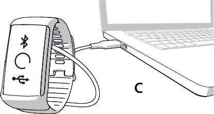 2. Press ned den øvre delen (A) av USB-dekselet inni armbåndet for å få tilgang til mikro-usb-porten, og koble til den medfølgende USB-kabelen (B). Ikke lad opp enheten mens USB-porten er våt.