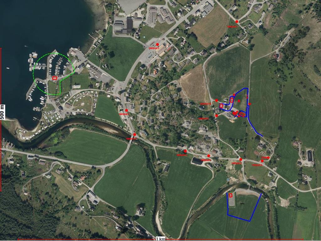 Ytre område med båthamna (grønt), camp (blått i sør) og