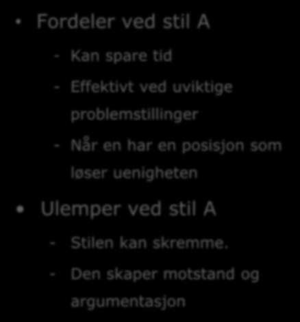 Stil A: Dominans Fordeler ved stil A - Kan spare tid - Effektivt ved uviktige problemstillinger - Når en har en posisjon som løser