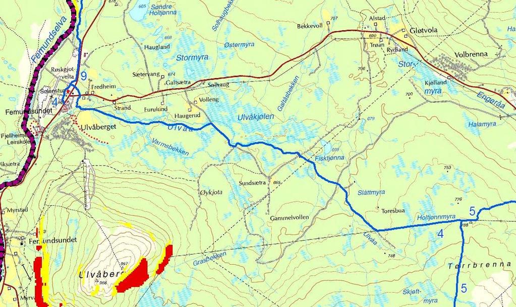 Skredfare Løype nr. 4 berører ikke områder med registrert potensielt skredfare fra NVE eller terreng brattere enn 25. Sikkerhet Snøskuterløype nr. 4 krysser FV 653 og FV217 ved Sølenstua.