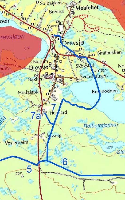 Skredfare Løype nr.7 berører ikke områder med registrert potensielt skredfare fra NVE eller terreng brattere enn 25. Sikkerhet Snøskuterløypa krysser FV218.