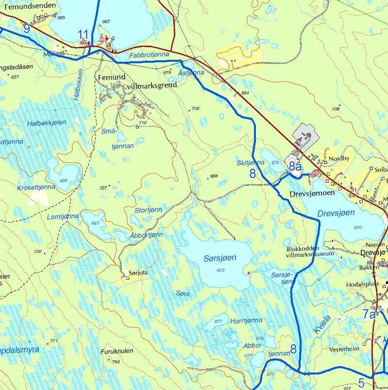 Løype nr. 8: Jotholla Femundtunet Avstikker 8a: Drevsjø camping Snøskuterløype nr.8 tar av fra løype nr. 5 sør for Drevsjø sentrum, og går til Femundtunet. Løype nr.