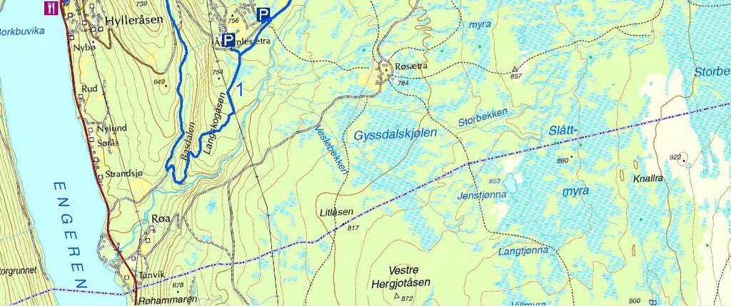 Hvorav avstikker 1a: Hylleråsen og serveringssted «Anne på landet» utgjør 1,7 km, og Tilførselsløyper 1 1 1 12, til hytteeiendommer i Litlrøåsen utgjør 2,9 km.