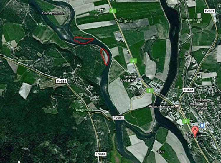 De to lokalitetene for Cicindela maritima ved Folla, Alvdal kommune, Hedmark fylke.