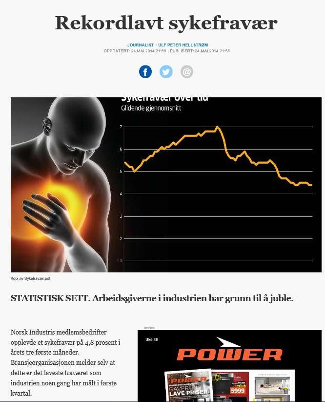 Aftenposten, mai 2014: Sykefraværet ned 11.4 % siden IA-avtalen ble inngått (2.