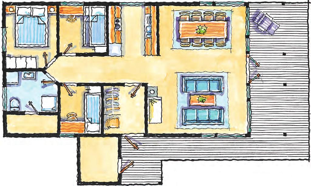 [SOLFONN] Stor praktisk hytte med hemseløsning over soverom og kjøkkendel. Romslig og åpent innvendig. Godt overbygg i inngangsparti og ved terrasse.
