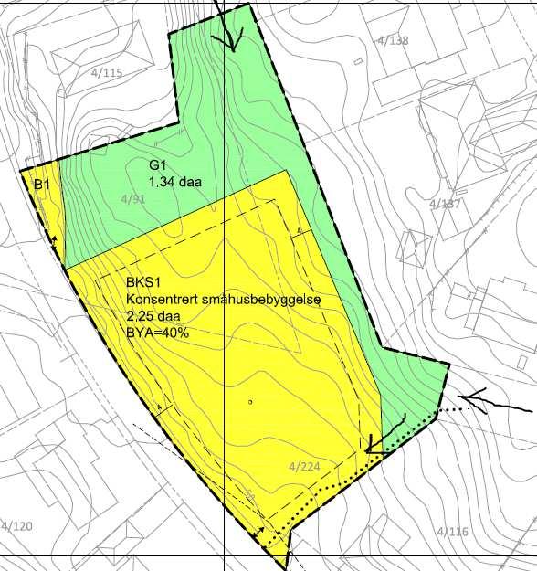 5 Planen er revidert. Grønnstruktur G1 er utvidet fra 0,39 daa til 1,34 daa. Arealet skal være offentlig grøntområde. Figur 14. Grønttraseer og forbindelser.