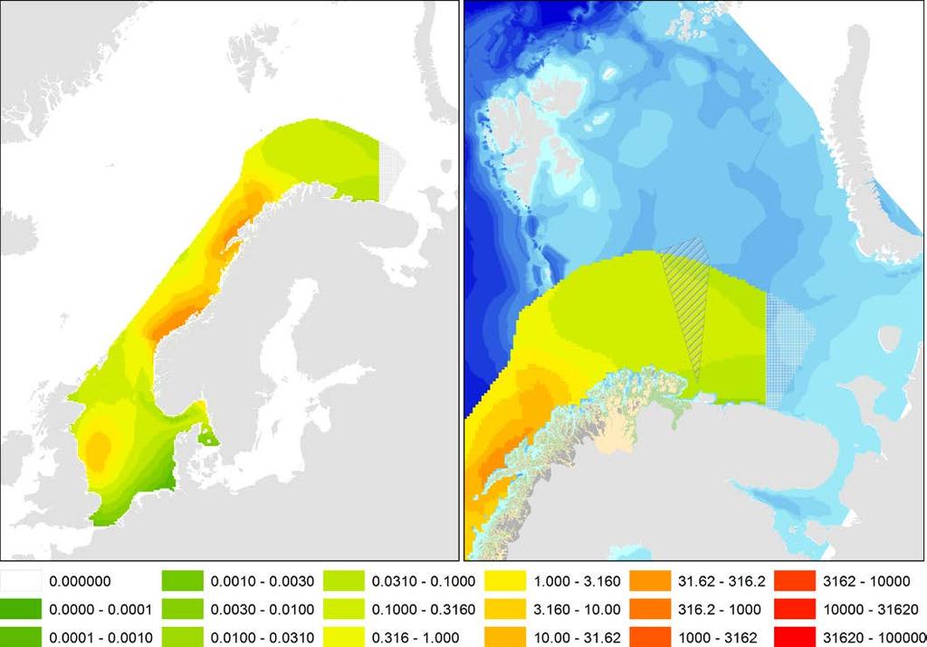 Figur 4. Modellert utbredelse for lunde i hekketiden (april-juli). I denne perioden er dekningen dårlig i de nordlige områdene, og det mangler bakgrunnsmateriale i øst.