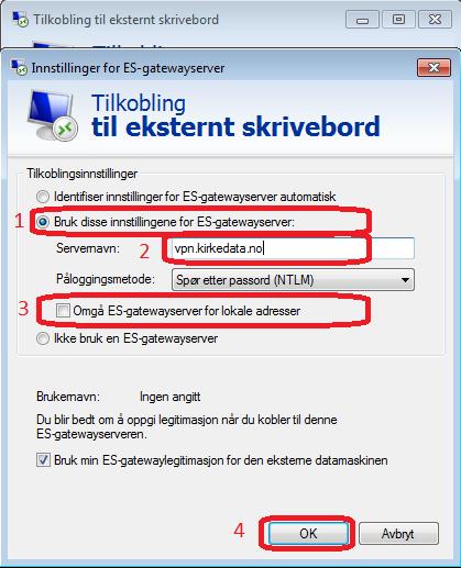 Velg «Bruk disse innstillingene for ES-gatewayserver:» så på «Servernavn:» legger du inn «vpn.kirkedata.