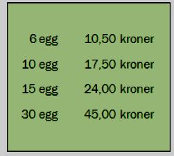 Undersøk om antall egg og pris er proporsjonale størrelser. E21 (Eksamen 1P høst 2016, del 1) Et firma som selger settepoteter, har lagt ut prislisten nedenfor.