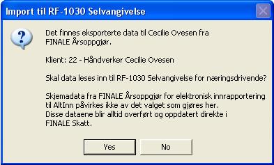 vises: Import foretas automatisk ved å trykke på Ja.