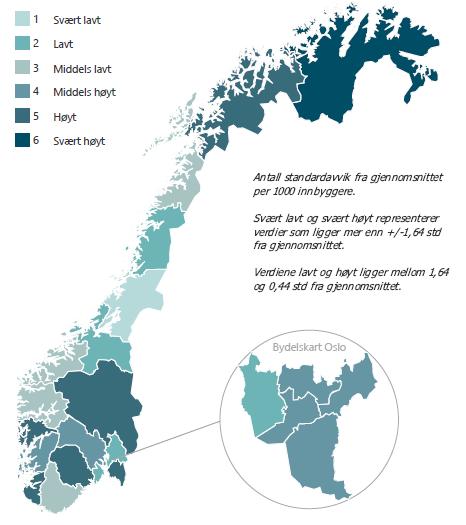 SAMDATA spesialisthelsetjenesten Analysenotat 20/17 Figur 36 Oppholdsdøgn per innbygger 18 år og eldre.