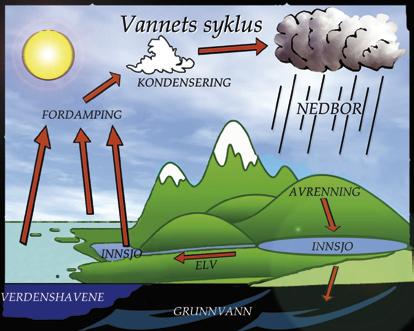 Vannets kretsløp Vannets kretsløp er den kontinuerlige bevegelsen vann har i luft- og jordatmosfæren (jf. Figur 3.2).