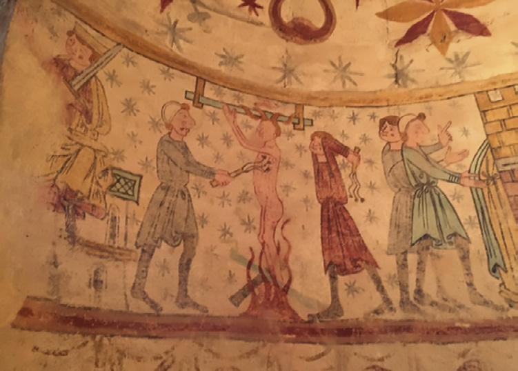 Figur 3. Kalkmalerier med scener fra Sta. Margaretas legende. Apsis, Häckås middelalderkirke, ca. 1150-1200.
