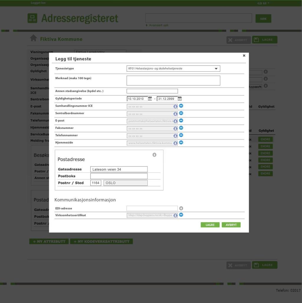 Velg aktuell tjenestetype i nedtrekksfeltet. Legg inn egen informasjon i de åpne feltene der det ikke er ønskelig å arve allerede registrert informasjon på virksomheten.