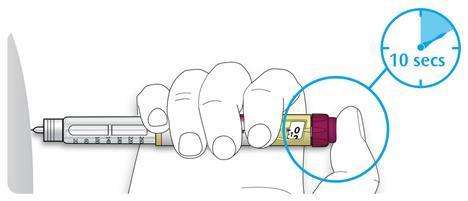 D Hold injeksjonsknappen inne og tell sakte til 10 når du ser "0" i doseringsvinduet. Dette vil sikre at du får i deg hele dosen.