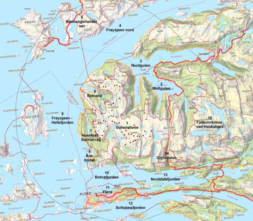 grovkuperte og sammensatte landskap (som i kyst- og fjordområdene i Sogn og Fjordane) kan det være hensiktsmessig med flere delområder.