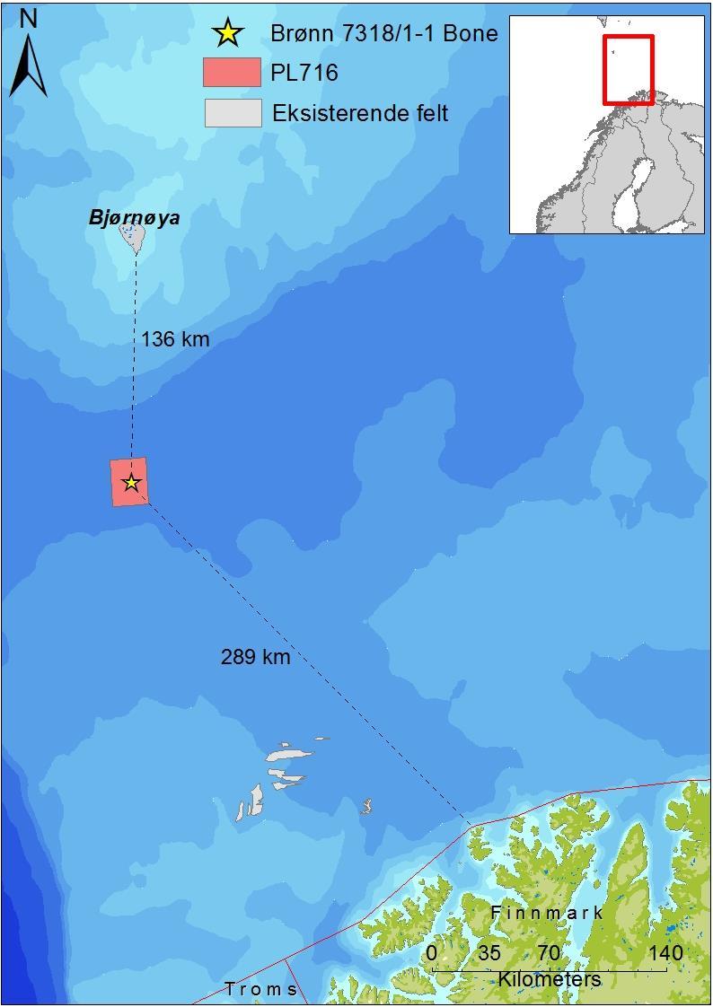 1 INNLEDNING 1.1 Aktivitetsbeskrivelse Eni Norge AS (heretter kalt Eni) planlegger boring av letebrønn 7318/1-1 Bone i PL716 i Barentshavet. Brønnen ligger ca.