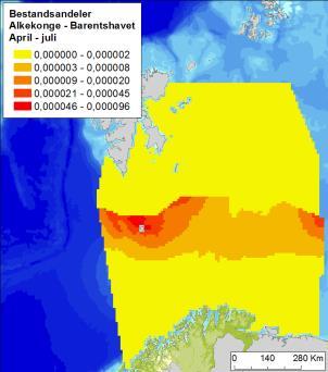 Alkekonge Figur C - 10 Fordeling av alkekonge (Alle alle) i Barentshavet, i vår og sommer (april-juli), høst (august-oktober) og vintersesongen (november-mars), basert på modellerte data (Seapop,