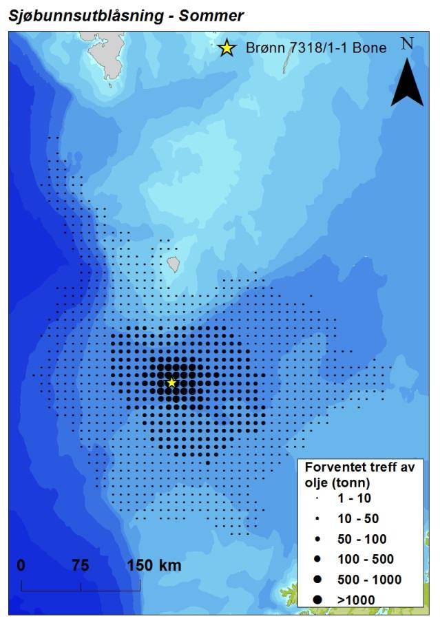Figur 3-2 Sesongvise forventede treff av olje ( 5 % treff av tonn olje) i 10 10 km sjøruter gitt en sjøbunnsutblåsning fra letebrønn 7318/1-1.