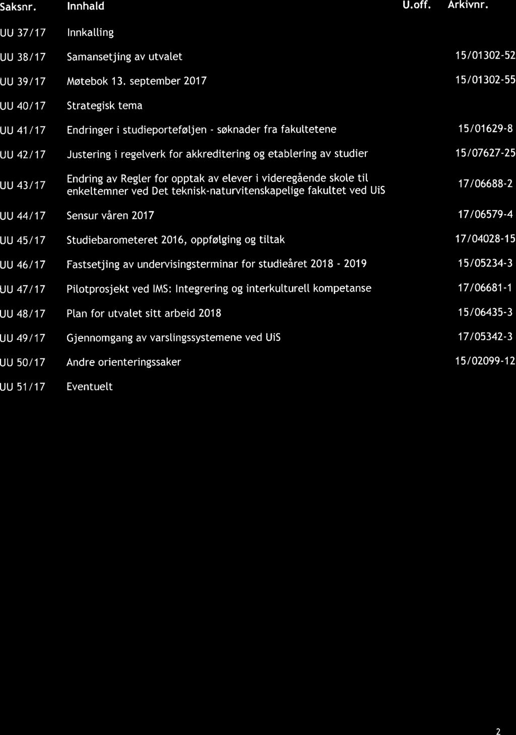 9 Universitetet i Stavanger lnnhald U.off. Arkivnr. lnnkalling Samansetjing av utvalet Møtebok 13.