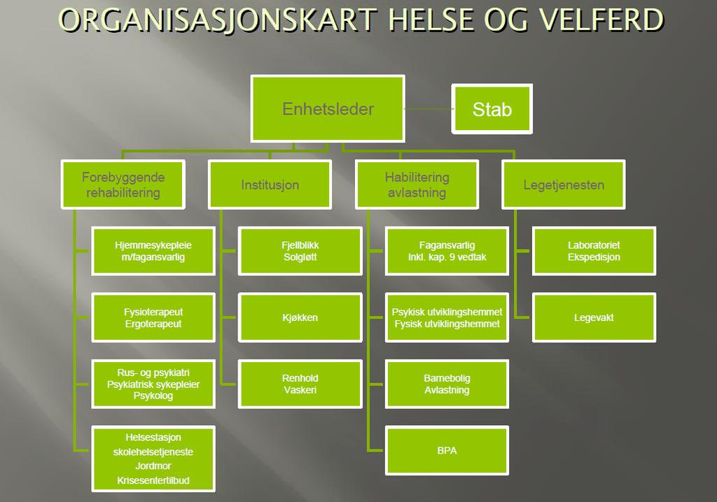 5.4 Helse og Velferd Nettorammen er kr 32,7 mill. 5.4 Helse og Velferd Årsbudsjett og økonomiplan 2021 5.4.0.1 Beskrivelse av enheten Tabelltekst: Figuren viser organisasjonen fra 01.01.18.