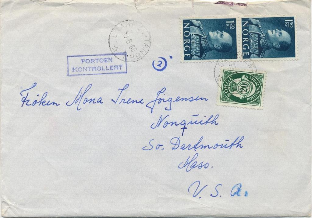 Månedens brev Denne gang vises to brev sendt fra Drammen-Tangen til USA i 1996. Det interessante med brevene er at begge har vært gjenstand for portokontroll.