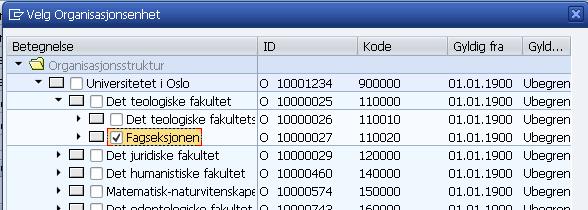 Velg Fortsett-ikonet. Der du fant knappen Org.struktur vil du nå se antall organisasjonsenheter du har valgt i rapportbildet. Sett verdien I dag i feltet Evalueringsperiode. Velg Utfør-ikonet.