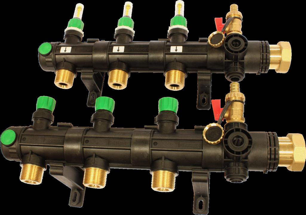 1/6 Fiberarmert plastfordeler 2061 Modulbasert fordeler av fiberarmert plast, spesielt utviklet for brinekrets i varmepumpeanlegg. Kretsene kan stenges med tur- og returventil.