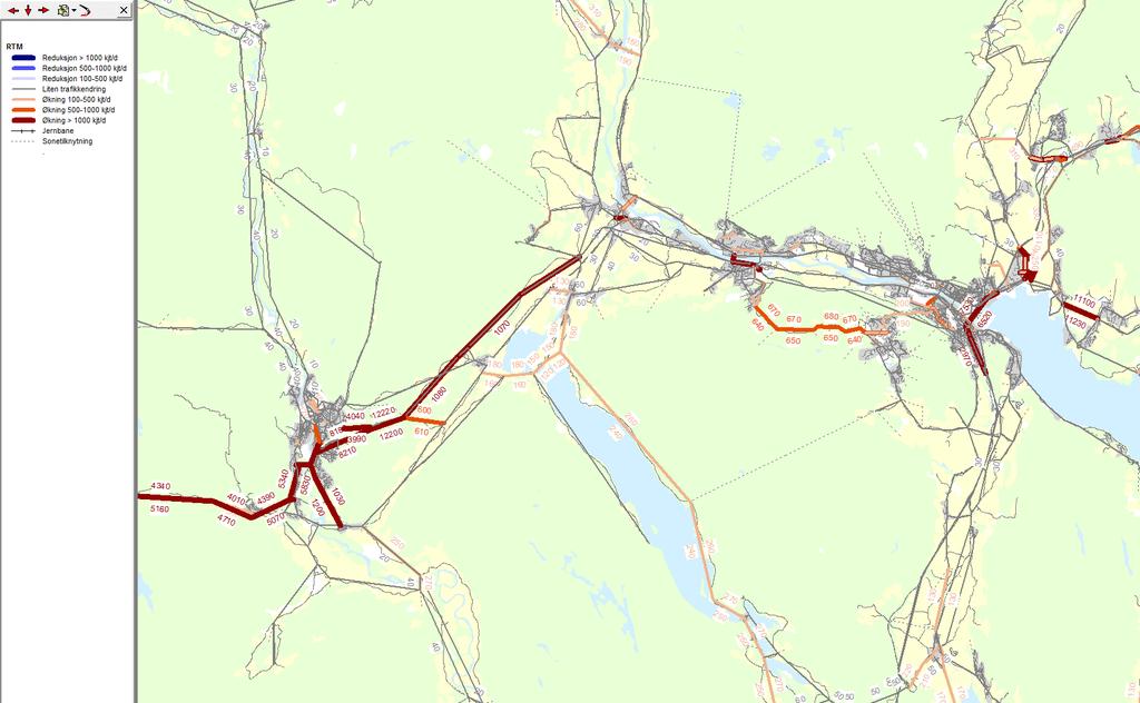 TRAFIKALE VIRKNINGER Figur 25 - Differanseplott kollektiv bilkonsept fase3, endring i antall buss- og togturer på lenker. Alle tall er ÅDT. Ref. Figur 24 og Figur 25.