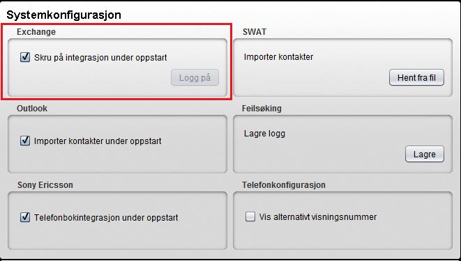 For Exchange er følgende valg mulig: Valg Forklaring "Skru på integrasjon under oppstart" Kun tilgjengelig dersom Exchange-integrasjonen er skrudd på for din bedrift.