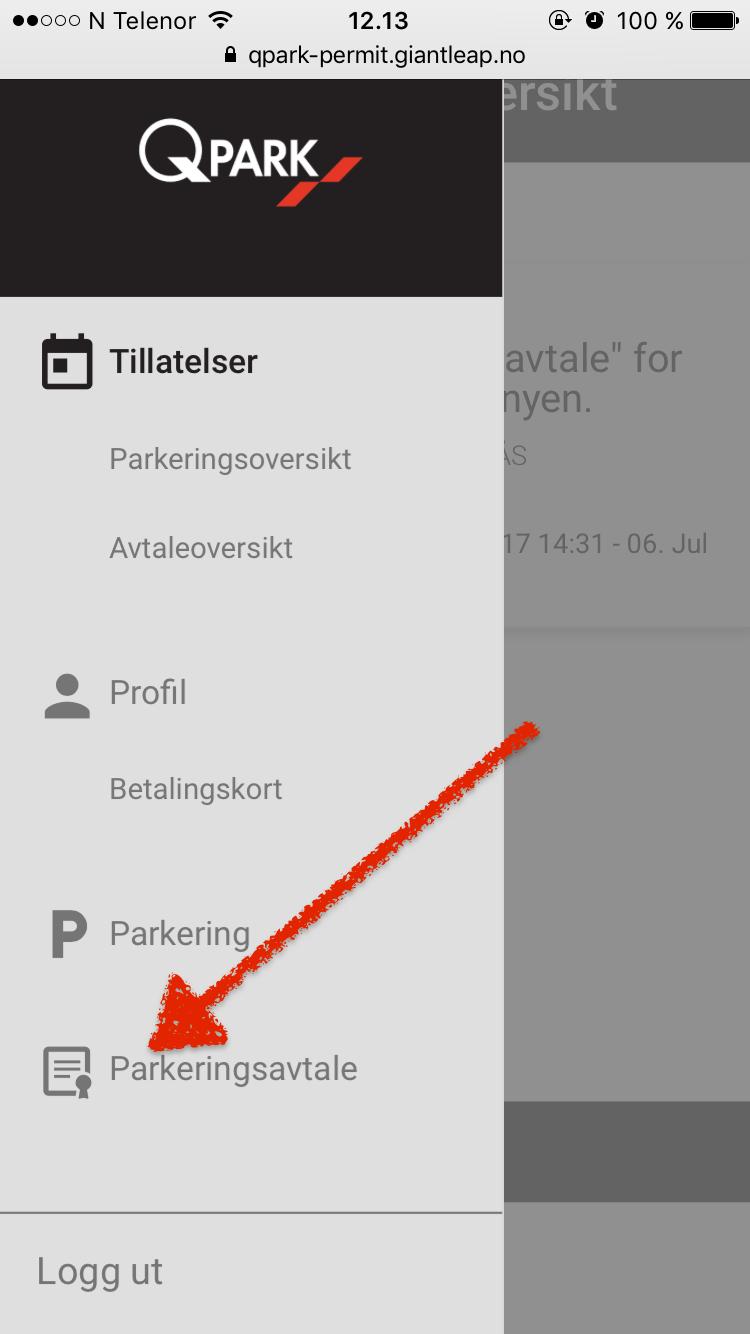 Trykk på det grå menypunktet "Parkeringsavtaler".