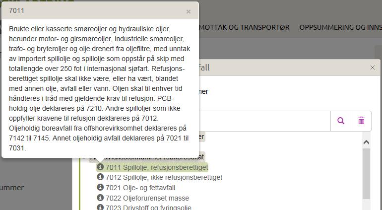 For å velge et avfallsstoffnummer kan du enten dobbeltklikke på nummeret i lista eller markere det ved å klikke på det og klikke "Bruk valgt avfallsstoffnummer".