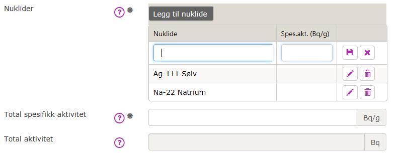 Total spesifikk aktivitet Spesifikk aktivitet er det samme som konsentrasjon og angis i Bq/g. Man kan velge å oppgi total spesifikk aktivitet i stedet for å oppgi spesifikk aktivitet for hver nuklide.