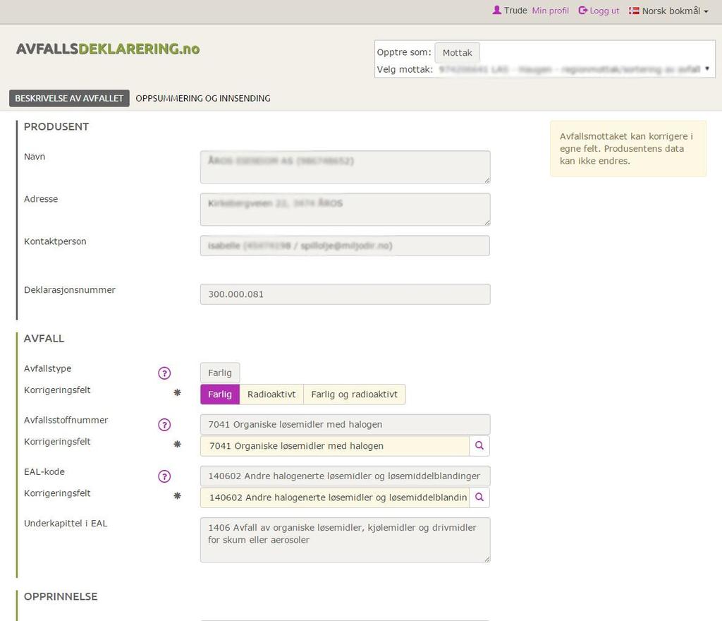 Som avfallsmottak kan du korrigere i egne felt (beige bakgrunn). Det er kun noen av feltene i deklarasjonsskjemaet som kan korrigeres.