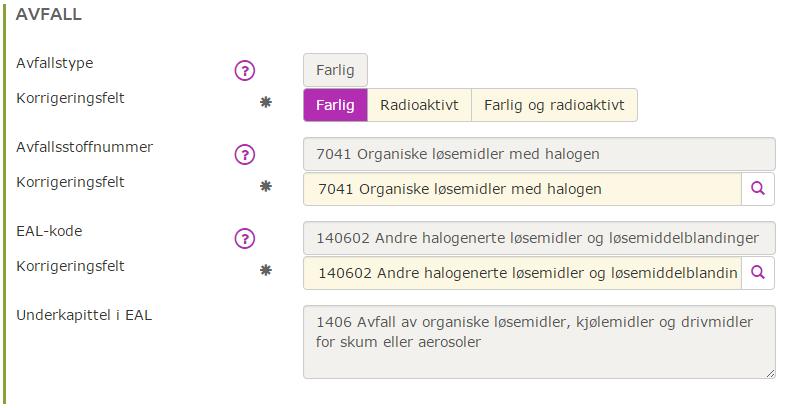 Korrigere beskrivelse av avfallet Alle felter under gruppen Avfall kan korrigeres, dvs.