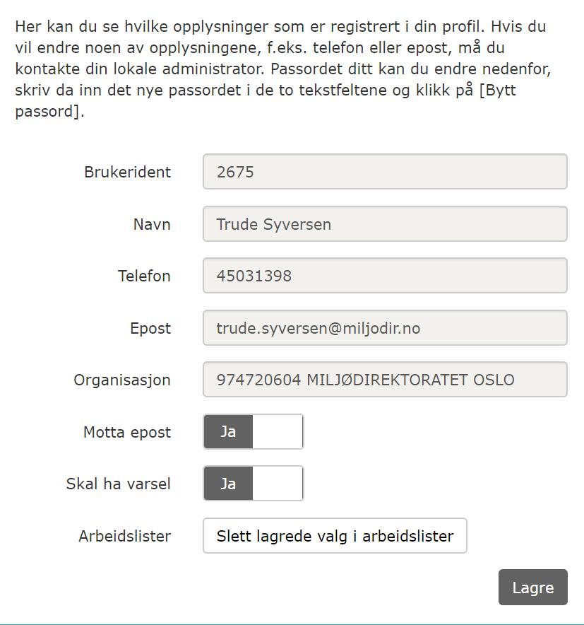 "Motta epost": Hvis man velger Nei, så vil man ikke motta epost om korrigert deklarasjon, avvist deklarasjon, eller e-post til produsent når