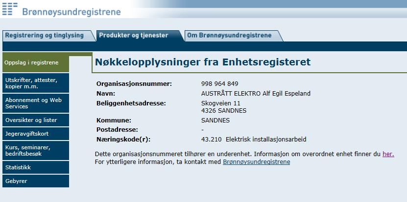 I Enhetsregisteret fremkommer det imidlertid at foretaket har registrert underenhet med samme adresse.