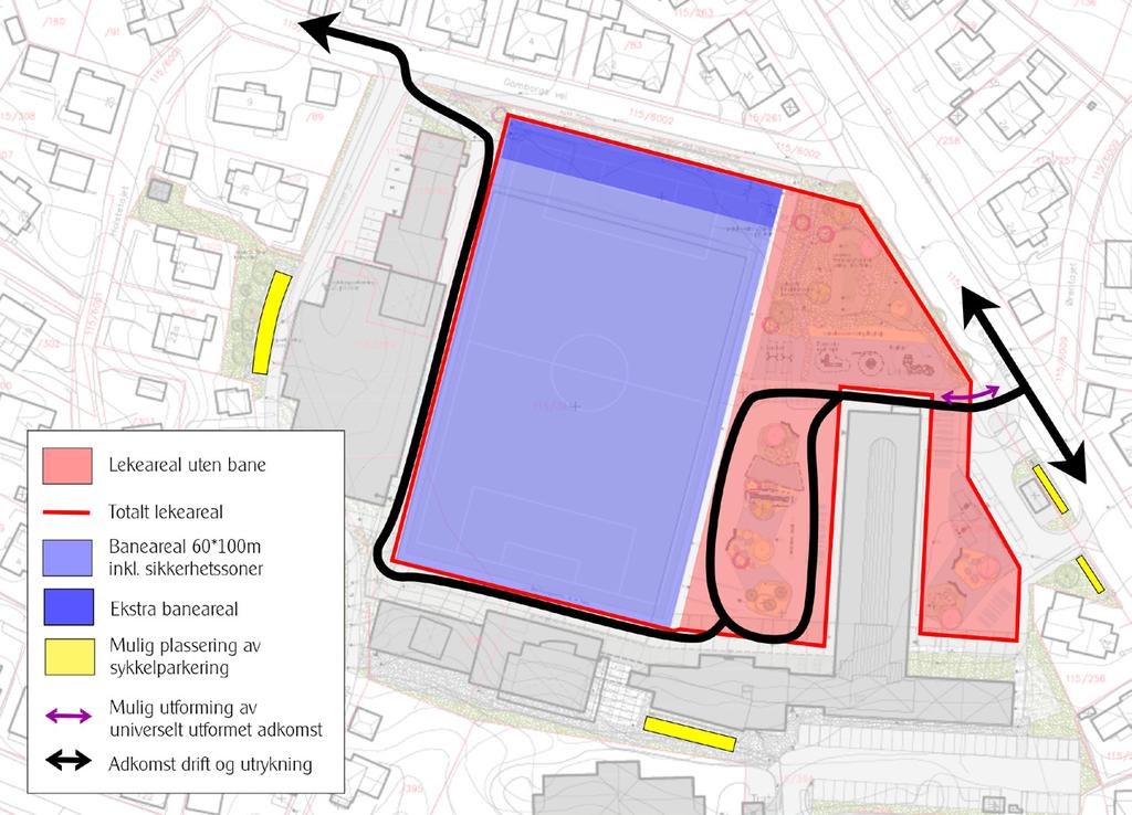 TRAFIKK OG ADKOMST Hovedforskjellene mellom en 60*90 meters-bane og 60*100 meters-bane for trafikk og adkomst er følgende: fleksibilitet i adkomstløsning for drifts- og