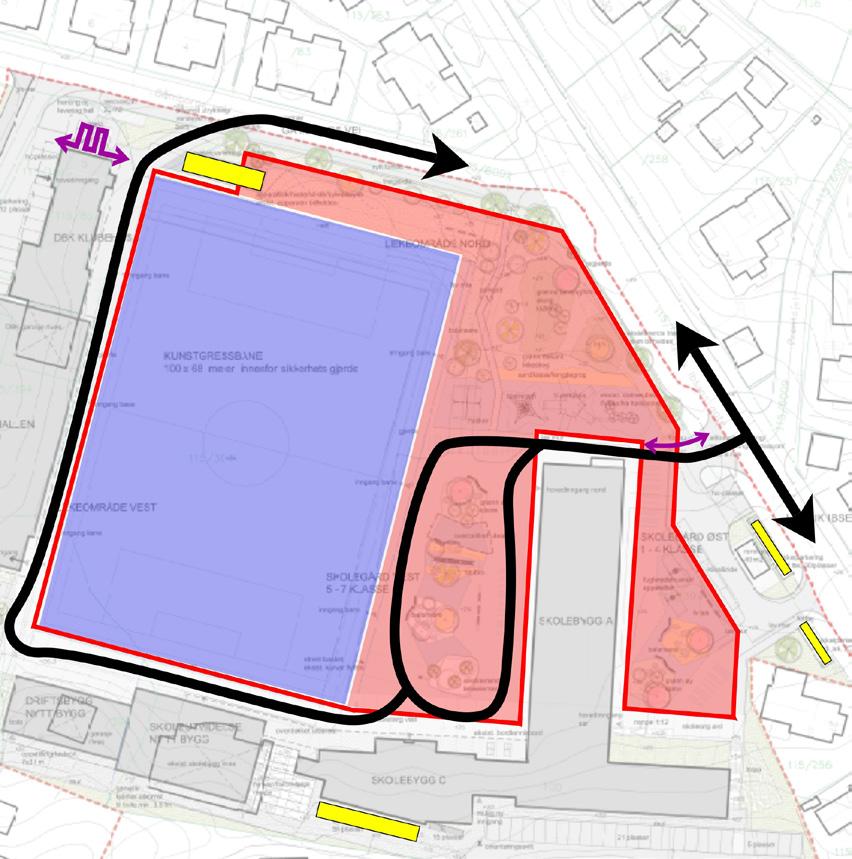 baneområdet gir mulighet for sykkelparkering i tilknytning til adkomst fra Gamborgs vei LØSNINGSALTERNATIV 1 LØSNINGSALTERNATIV 2 BANESTØRRELSE 60*100 METER gir én mulig