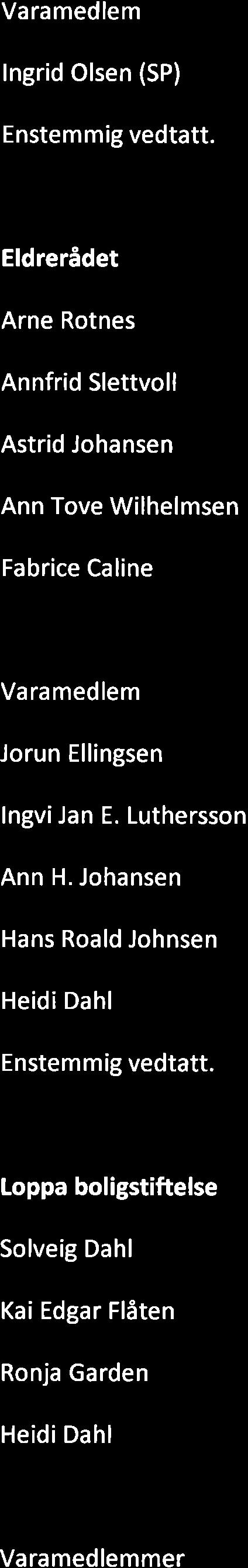 Varamedlem lngrid Olsen (SP) Eldrerådet Arne Rotnes Annfrid Slettvoll Astrid Johansen Ann Tove Wilhelmsen Fabrice Caline Varamedlem Jorun