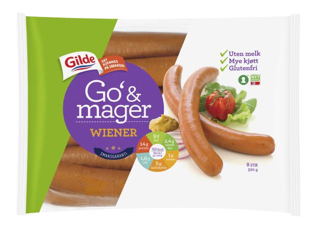 Gilde Go' og Mager Wienerpølser er laget av mye magert kjøtt og har den smaken gode smaken som Gilde Original