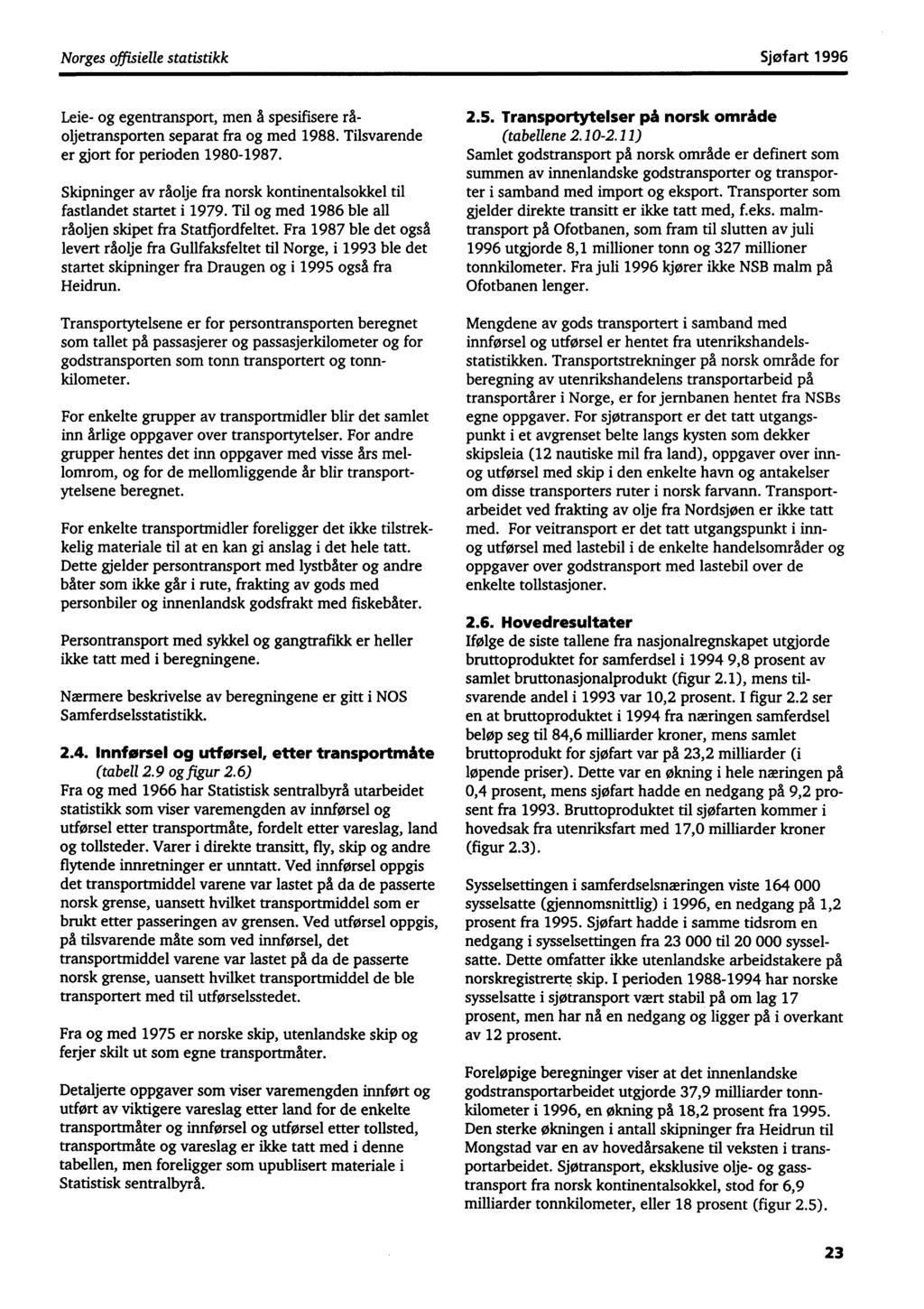 Norges offisielle statistikk Sjøfart 1996 Leie- og egentransport, men å spesifisere råoljetransporten separat fra og med 1988. Tilsvarende er gjort for perioden 1980-1987.