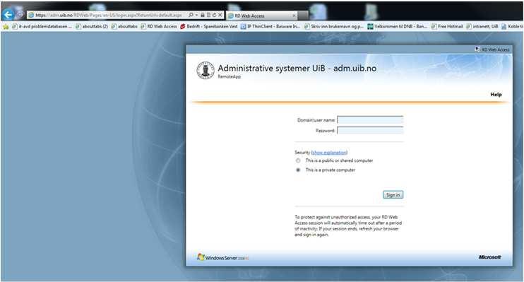 PÅLOGGING TIL ORACLE - Åpne Internet Explorer - Skriv inn : adm.uib.