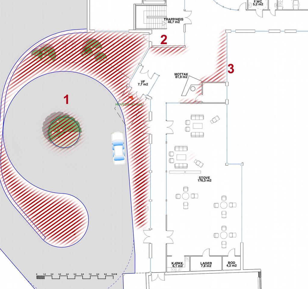 1: foreslått område for utendørs prosjekt 2: innendørs vegg for todimensjonalt arbeid 3: mulig område for mindre «satelitter» til hovedelementet ved pkt 2 Spesielle hensyn Beboerne ved sjukeheimen