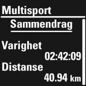 Sammendrag for multisport gir deg generell informasjon om hele treningsøkten. Varighet Distanse Trykk på START for å se flere detaljer om hele økten.