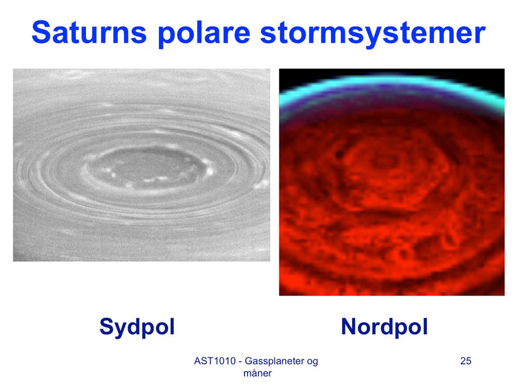 Saturn har polare virvelstormen ved begge polene. Stormen ved sydpolen (til venstre) ser ut som en syklon på jorda, men må være et helt annet fenomen. Stormen er stasjonær, ligger fast ved polen.